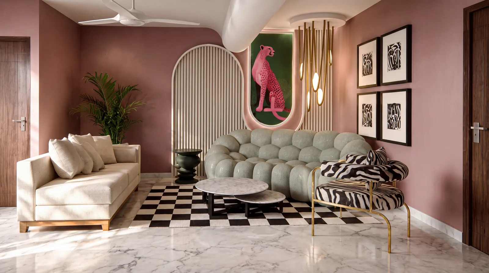 Living room interior with pink accents and cheetah art