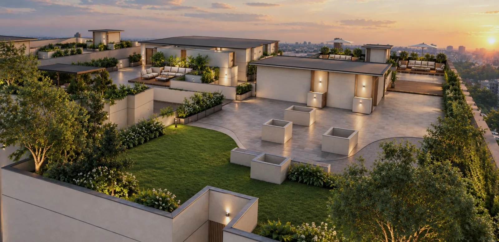 Signature Luxe rooftop garden at sunset